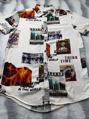 Casual Short-Sleeve Button-Down Shirt - White with Multicolor Graphic Print